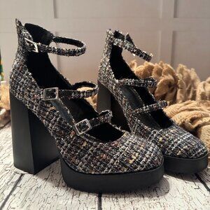 NWOT Women's Platform Mary Jane's Black Tweed Multi